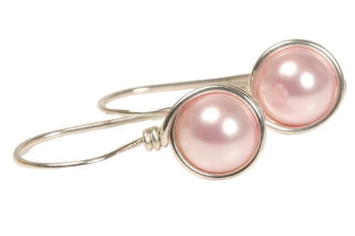 Sterling silver wire wrapped light pink rosaline pearl drop earrings handmade by Jessica Luu Jewelry