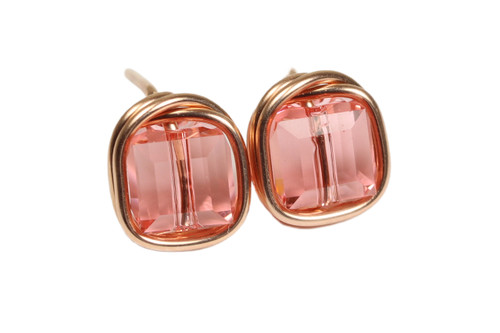 14K rose gold filled wire wrapped peach pink crystal square cube stud earrings handmade by Jessica Luu Jewelry