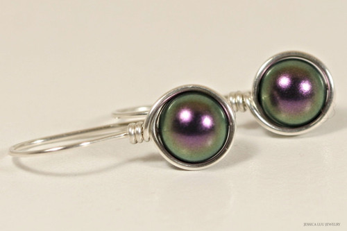 Sterling silver wire wrapped iridescent dark purple pearl drop earrings handmade by Jessica Luu Jewelry