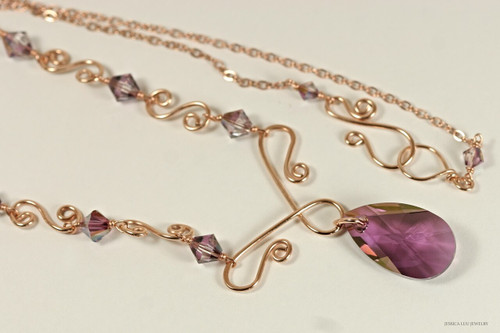 14K rose gold filled wire wrapped lilac shadow purple crystal pendant necklace handmade by Jessica Luu Jewelry