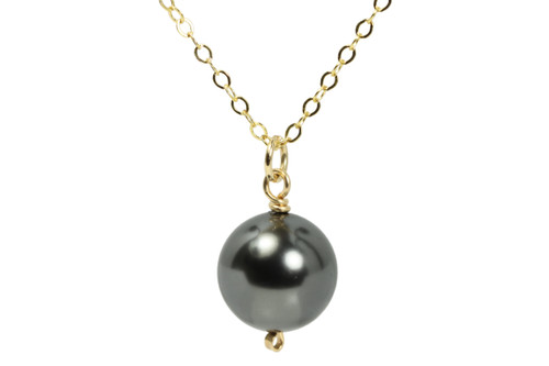 14K yellow gold filled wire wrapped black pearl solitaire pendant on chain necklace handmade by Jessica Luu Jewelry