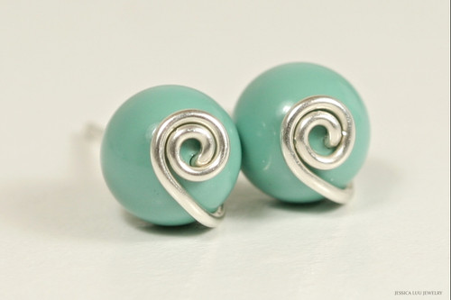 Sterling silver wire wrapped jade green pearl stud earrings handmade by Jessica Luu Jewelry