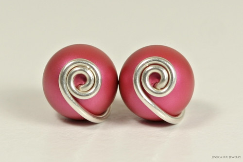 Sterling silver dark mulberry pink pearl stud earrings handmade by Jessica Luu Jewelry