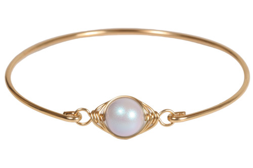 Gold Powder Blue Pearl Bangle Bracelet - Available in Other Metal Choices