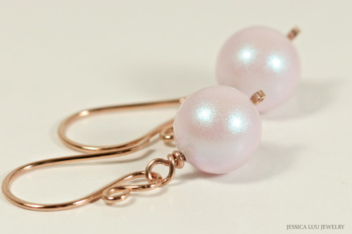 14K rose gold filled wire wrapped iridescent light pink dreamy rose pearl dangle earrings handmade by Jessica Luu Jewelry