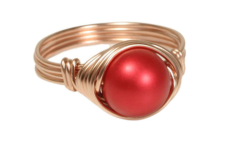 14K rose gold filled wire wrapped rouge red pearl solitaire ring handmade by Jessica Luu Jewelry