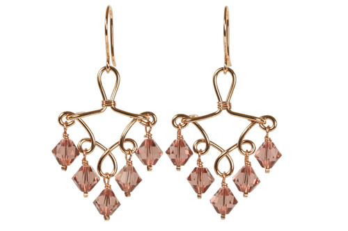 14K rose gold filled wire wrapped blush rose pink crystal chandelier earrings handmade by Jessica Luu Jewelry