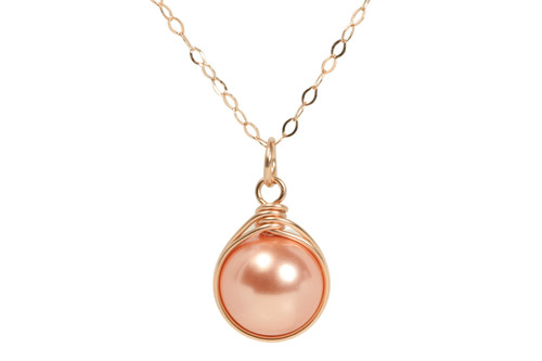 14K rose gold filled wire wrapped peach pearl necklace handmade by Jessica Luu Jewelry