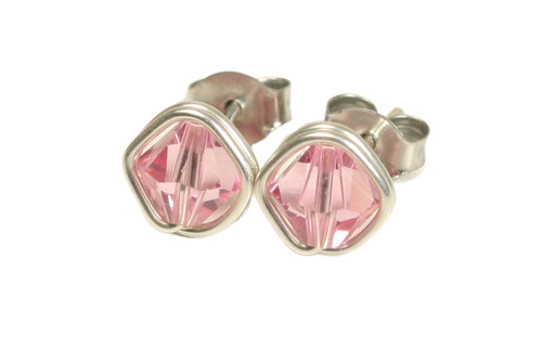 Sterling silver wire wrapped light rose pink crystal stud earrings handmade by Jessica Luu Jewelry