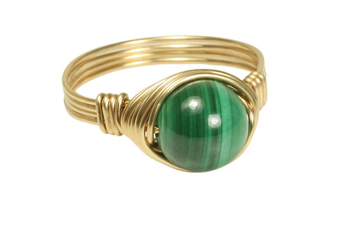 14K gold filled wire wrapped malachite gemstone ring handmade by Jessica Luu Jewelry