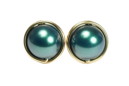 14K yellow gold filled wire wrapped large Tahitian pearl stud earrings handmade by Jessica Luu Jewelry