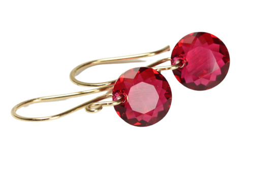 14K gold filled earrings with ruby red scarlet crystals handmade by Jessica Luu Jewelry