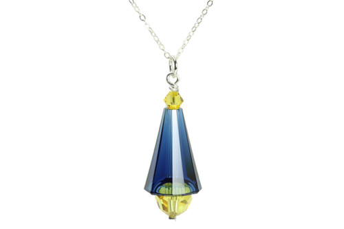 Sterling silver necklace with dark blue and yellow crystal pendant handmade by Jessica Luu Jewelry