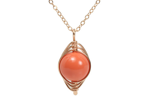 14K rose gold filled herringbone wrapped orange coral pendant on chain handmade by Jessica Luu Jewelry