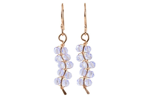 14K rose gold filled wire wrapped earrings with blue purple Austrian crystals handmade by Jessica Luu Jewelry