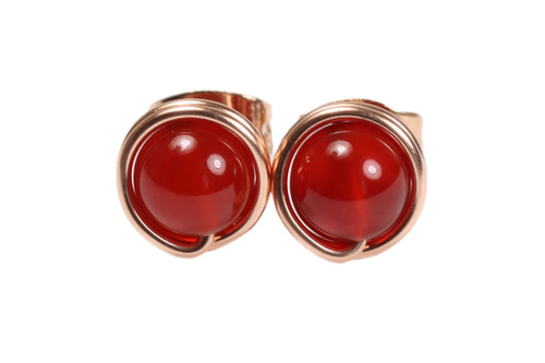 14K rose gold filled wire wrapped 6mm round carnelian gemstone stud earrings handmade by Jessica Luu Jewelry