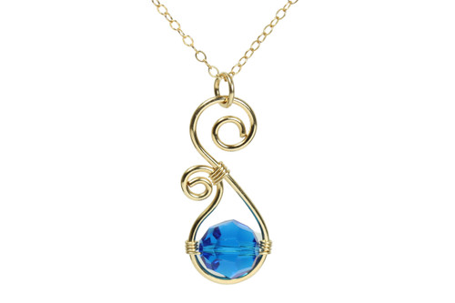 14K yellow gold filled paisley shaped pendant with 8mm bright blue round crystal on 14K gold filled chain necklace handmade by Jessica Luu Jewelry