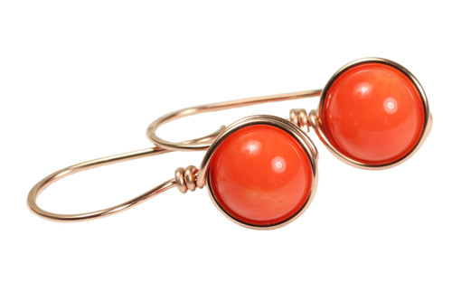 14K rose gold filled wire wrapped natural orange coral earrings handmade by Jessica Luu Jewelry