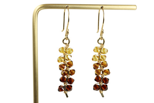 14K yellow gold filled dangle earrings with autumn golden brown crystals handmade by Jessica Luu Jewelry