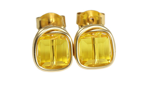 14K gold filled wire wrapped light topaz yellow crystal cube stud earrings handmade by Jessica Luu Jewelry