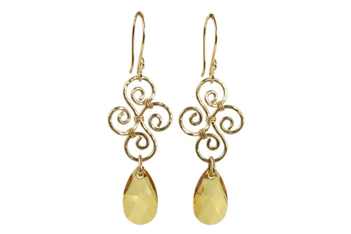 14K yellow gold filled wire wrapped dangle earrings with golden topaz pear shaped pendants handmade by Jessica Luu Jewelry