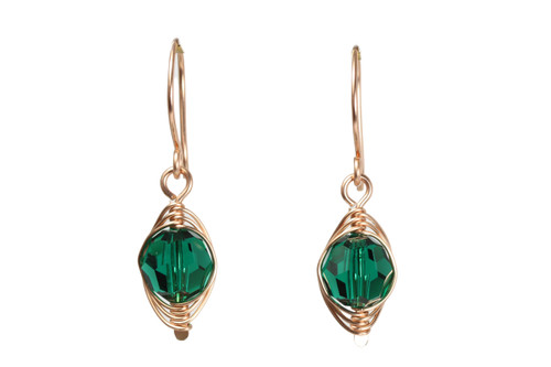 14K rose gold filled wire wrapped emerald green crystal dangle earrings handmade by Jessica Luu Jewelry