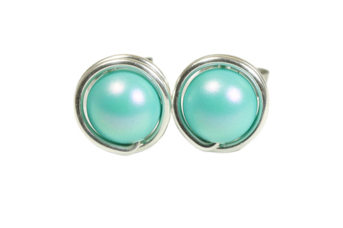 Sterling silver wire wrapped aqua blue green pearl stud earrings handmade by Jessica Luu Jewelry