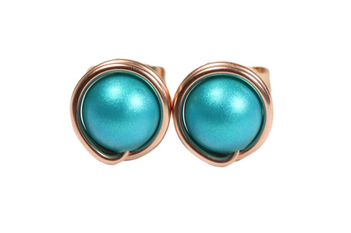 14K rose gold filled wire wrapped teal blue green pearl stud earrings handmade by Jessica Luu Jewelry