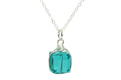 Sterling silver wire wrapped teal green blue zircon cube solitaire on chain necklace handmade by Jessica Luu Jewelry