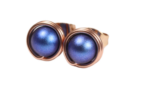 14K rose gold filled wire wrapped iridescent dark blue pearl stud earrings handmade by Jessica Luu Jewelry