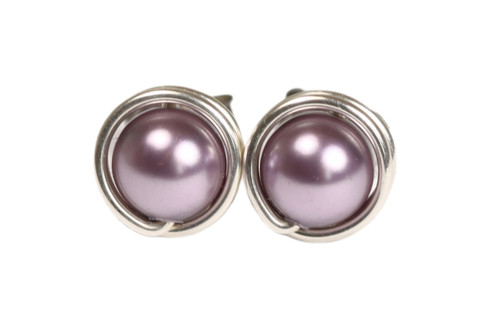 Sterling silver wire wrapped light purple mauve pearl stud earrings handmade by Jessica Luu Jewelry