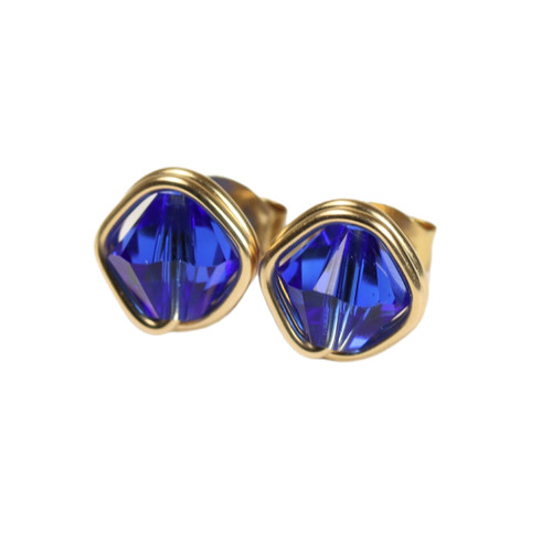 14K yellow gold filled wire wrapped 6mm diamond shaped cobalt blue crystal stud earrings handmade by Jessica Luu Jewelry