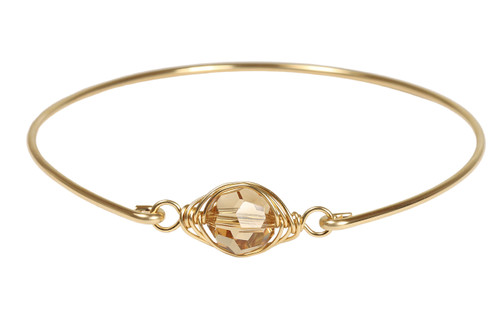 14K yellow gold filled wire wrapped champagne crystal bangle bracelet handmade by Jessica Luu Jewelry