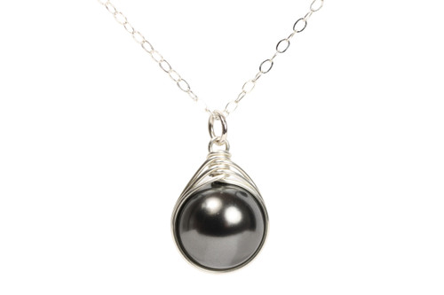 Sterling silver wire wrapped 12mm black pearl solitaire pendant on chain necklace handmade by Jessica Luu Jewelry