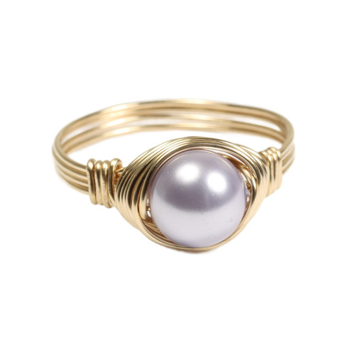 14K yellow gold filled wire wrapped 8mm lavender pearl solitaire ring handmade by Jessica Luu Jewelry