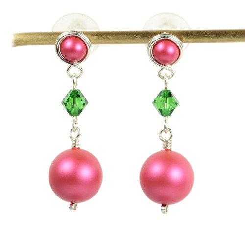 Sterling silver wire wrapped dark pink pearl dangle earrings with pink pearl posts and dark green crystals handmade by Jessica Luu Jewelry