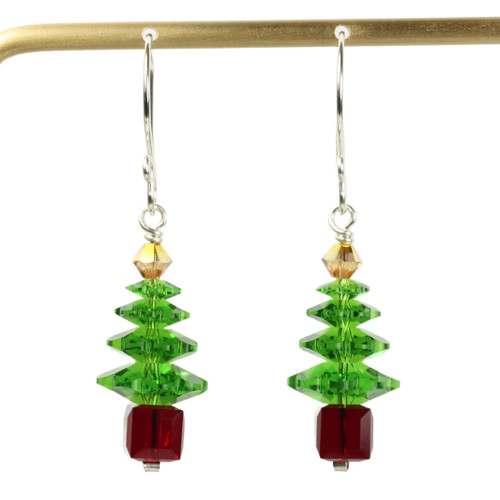 Sterling silver green crystal Christmas tree dangle earrings handmade by Jessica Luu Jewelry