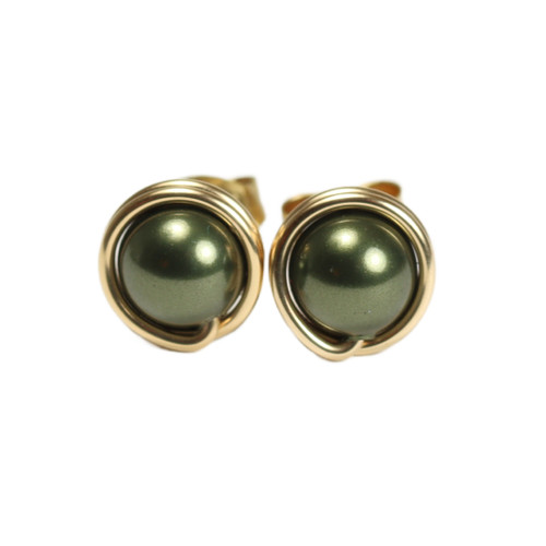 14K gold filled wire wrapped dark green pearl stud earrings handmade by Jessica Luu Jewelry