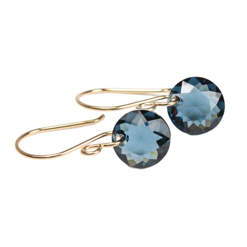 14K yellow gold filled dangle earrings with Montana blue sapphire faceted crystal drops handmade by Jessica Luu Jewelry