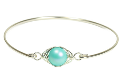 Sterling silver wire wrapped slide on bangle bracelet with 10mm aqua blue green pearl solitaire handmade by Jessica Luu Jewelry