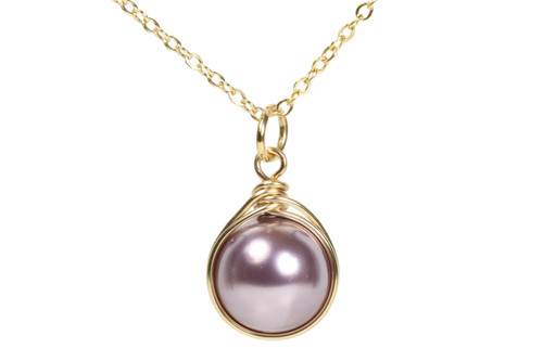 10mm mauve light purple pearl single solitaire pendant necklace in 14K yellow gold filled handmade by Jessica Luu Jewelry