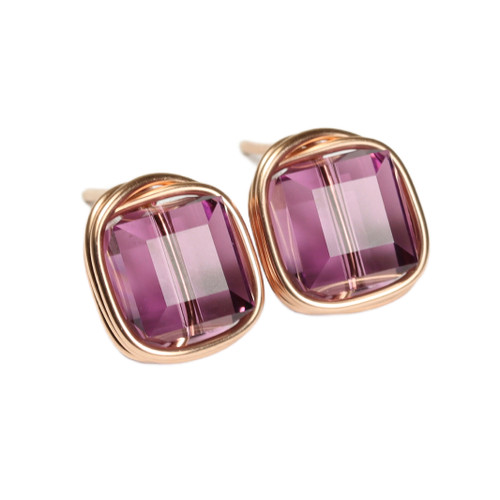 14K rose gold filled wire wrapped stud earrings with 8mm purple square cube Austrian crystals handmade by Jessica Luu Jewelry