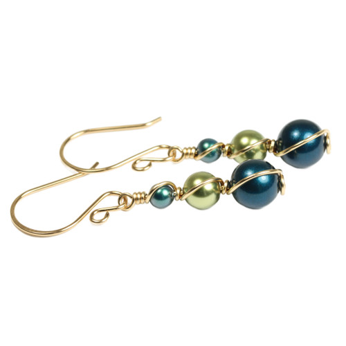 14K yellow gold filled wire wrapped peacock pearl dangle earrings handmade  by Jessica Luu Jewelry