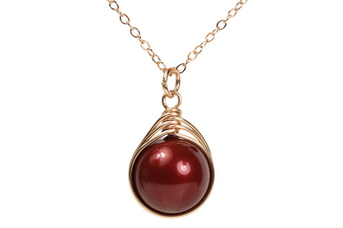 14K rose gold filled chain necklace with 12mm dark red burgundy pearl solitaire pendant handmade  by Jessica Luu Jewelry