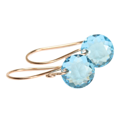 14K rose gold filled dangle earrings with 10mm aquamarine blue Austrian crystal dangles handmade by Jessica Luu Jewelry