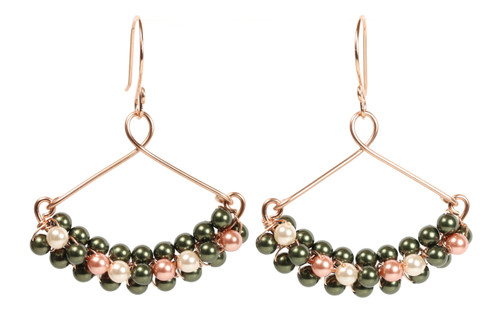 14K rose gold filled dangle beaded earrings with 4mm dark olive green and peach pearls handmade by Jessica Luu Jewelry