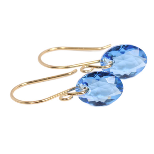 14K yellow gold filled dangle earrings with 11.5mm sky blue faceted oval Austrian crystals handmade by Jessica Luu Jewelry