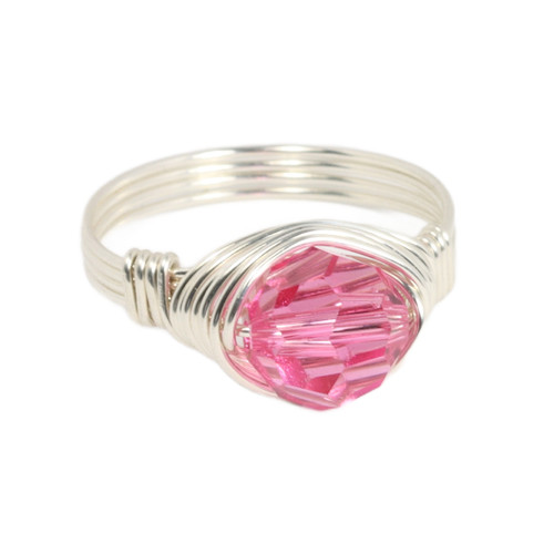 8mm pink sapphire round faceted Austrian crystal solitaire right hand ring wrapped in sterling silver handmade by Jessica Luu Jewelry