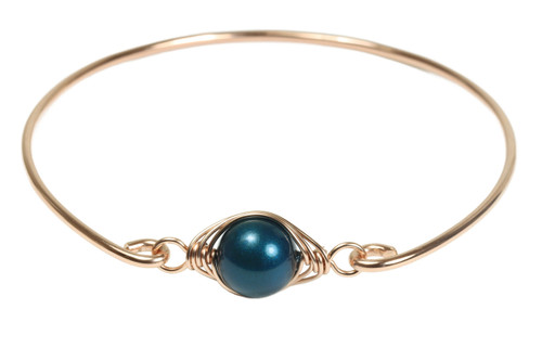 10mm dark blue pearl solitaire bangle bracelet in 14K rose gold filled wire wrapped setting and band handmade by Jessica Luu Jewelry