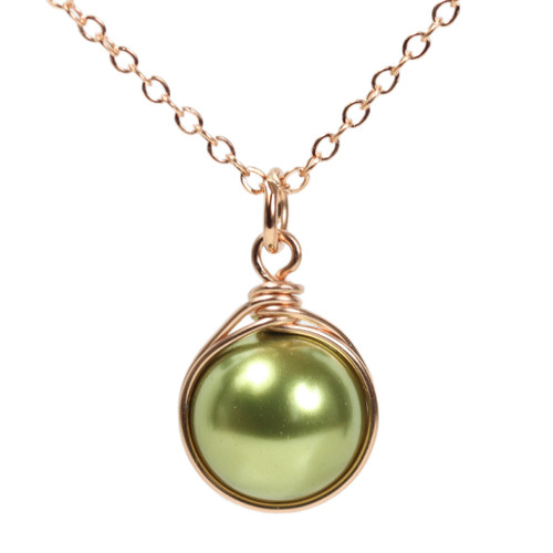 10mm olive pearl solitaire pendant in 14K rose gold filled wire wrapped setting on 18 inch long chain necklace handmade by Jessica Luu Jewelry 10mm olive pearl solitaire pendant in 14K rose gold filled wire wrapped setting on 18 inch long chain necklace handmade by Jessica Luu Jewelry